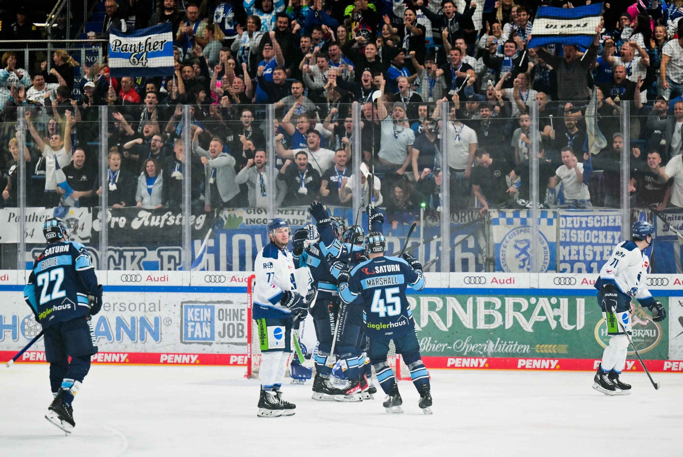 Hexenkessel SATURN-Arena: Die Panther feiern den Derbysieg und die Tabellenführung.
Foto: Johannes Traub/JT-Presse.de