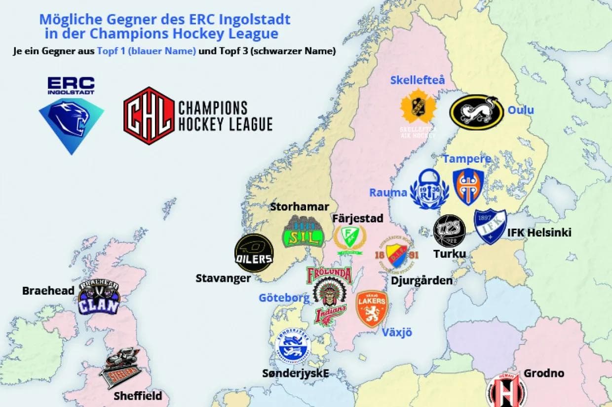 Zwei Kandidaten aus diesem Feld treffen in der neuen CHL-Saison auf den ERC Ingolstadt. (Bitte auf das Bild klicken, um alle Teams zu sehen)