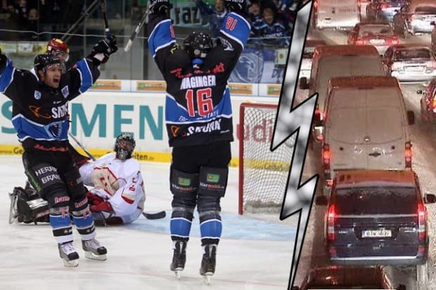 Schaffen die Panther trotz der kuriosen Anfahrt den Weg zurück in die Erfolgsspur? Im Bild: Petr Fical und Michael Waginger feiern das 1:0 im Hinspiel beim 7:2- Erfolg. Foto: Bösl - www.kbumm.de