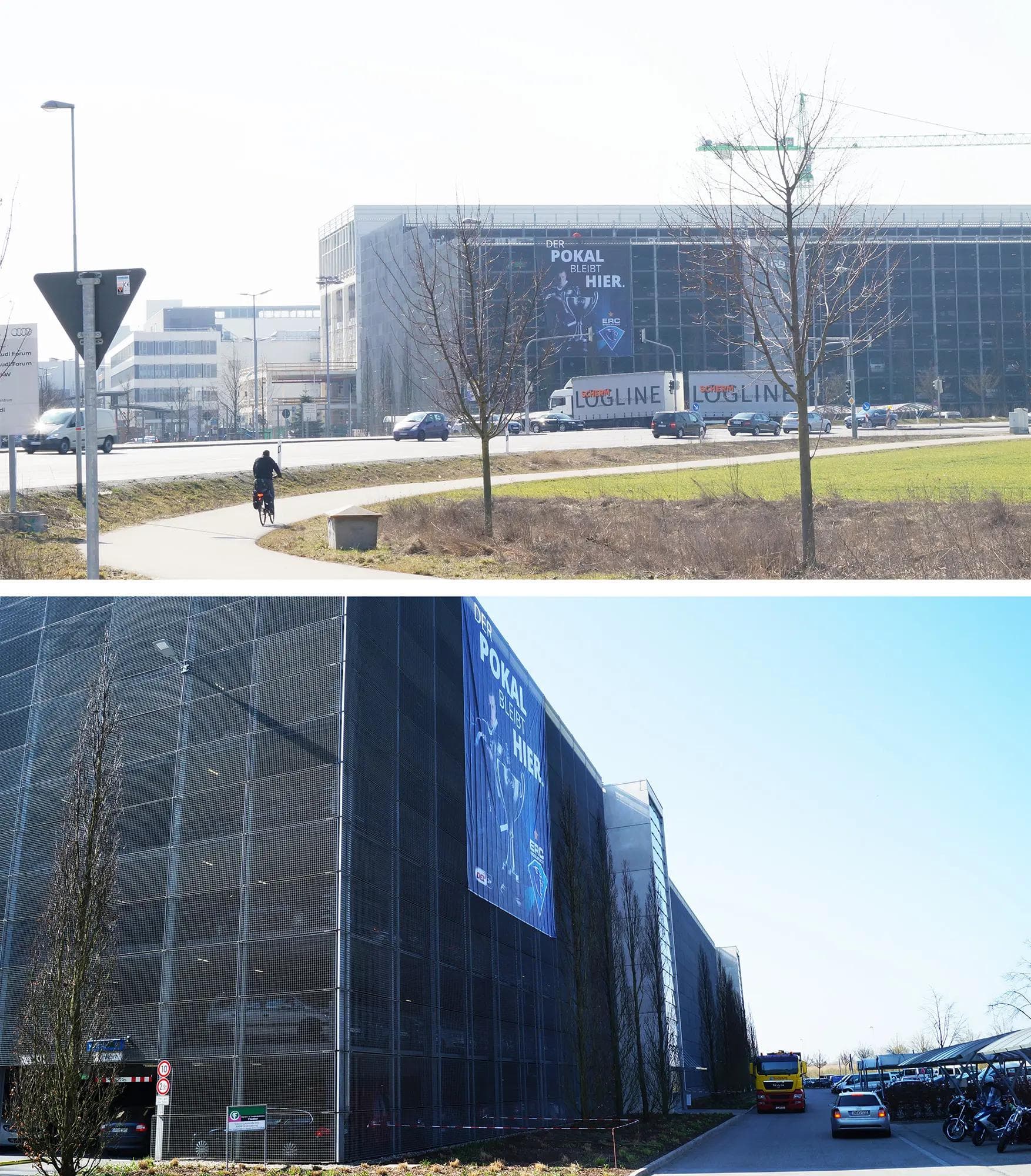 Willkommen in Ingolstadt: das große Banner am Audi Parkhaus begrüßt Autofahrer aus Richtung Norden schon von Weitem...