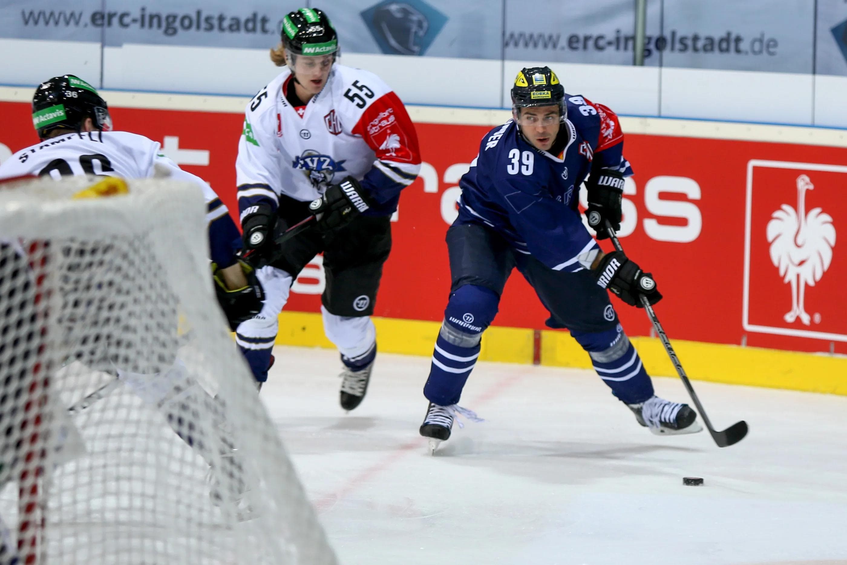 Thomas Greilinger (blaues Trikot) und seine Panther könnten in der neuen CHL-Saison erneut auf den EV Zug treffen. Foto: Jürgen Meyer