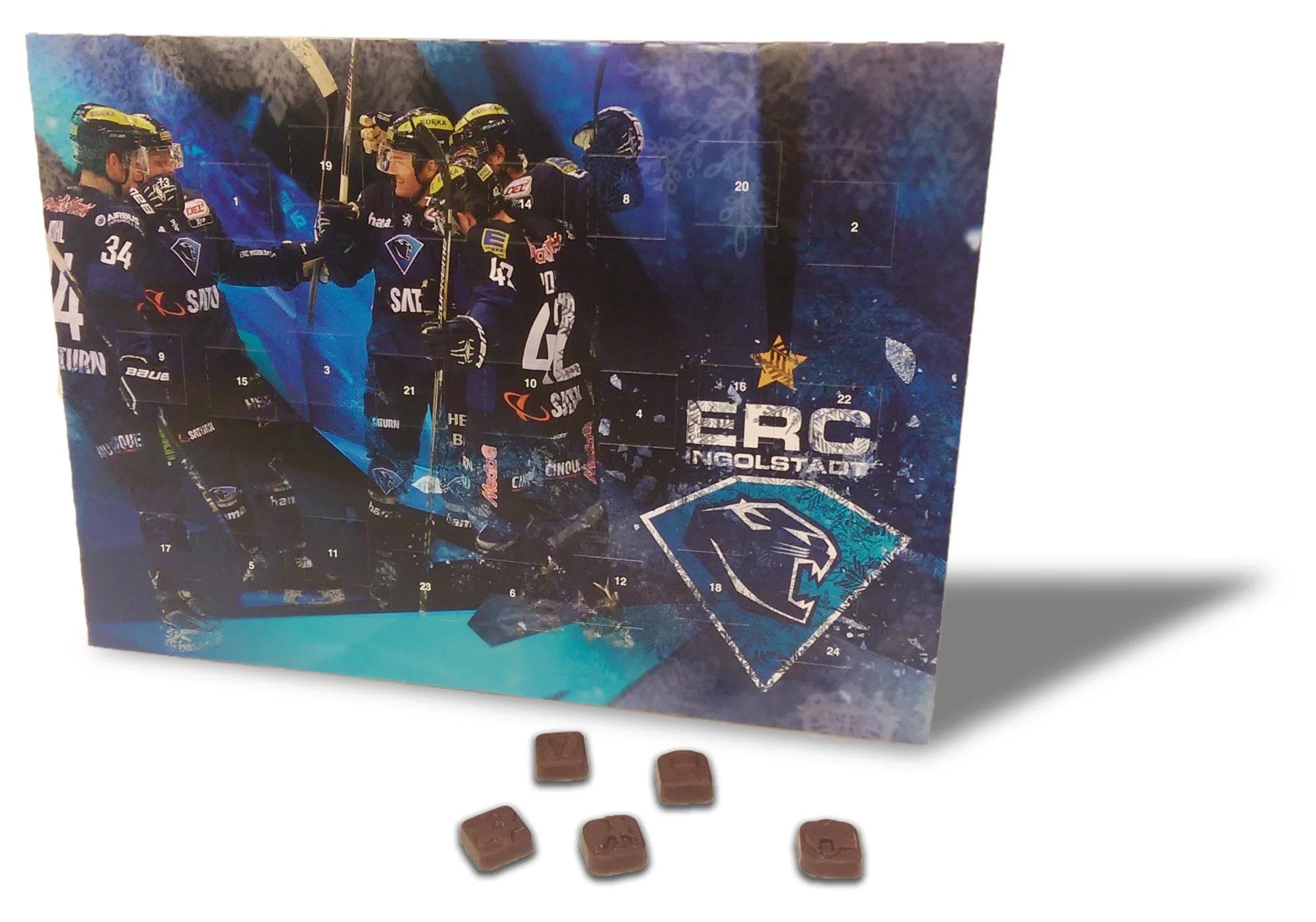 Der stimmungsvolle Adventskalender des ERC Ingolstadt mit 24 Stück Vollmilchschokolade mit Weihnachts- und Eishockeymotiven