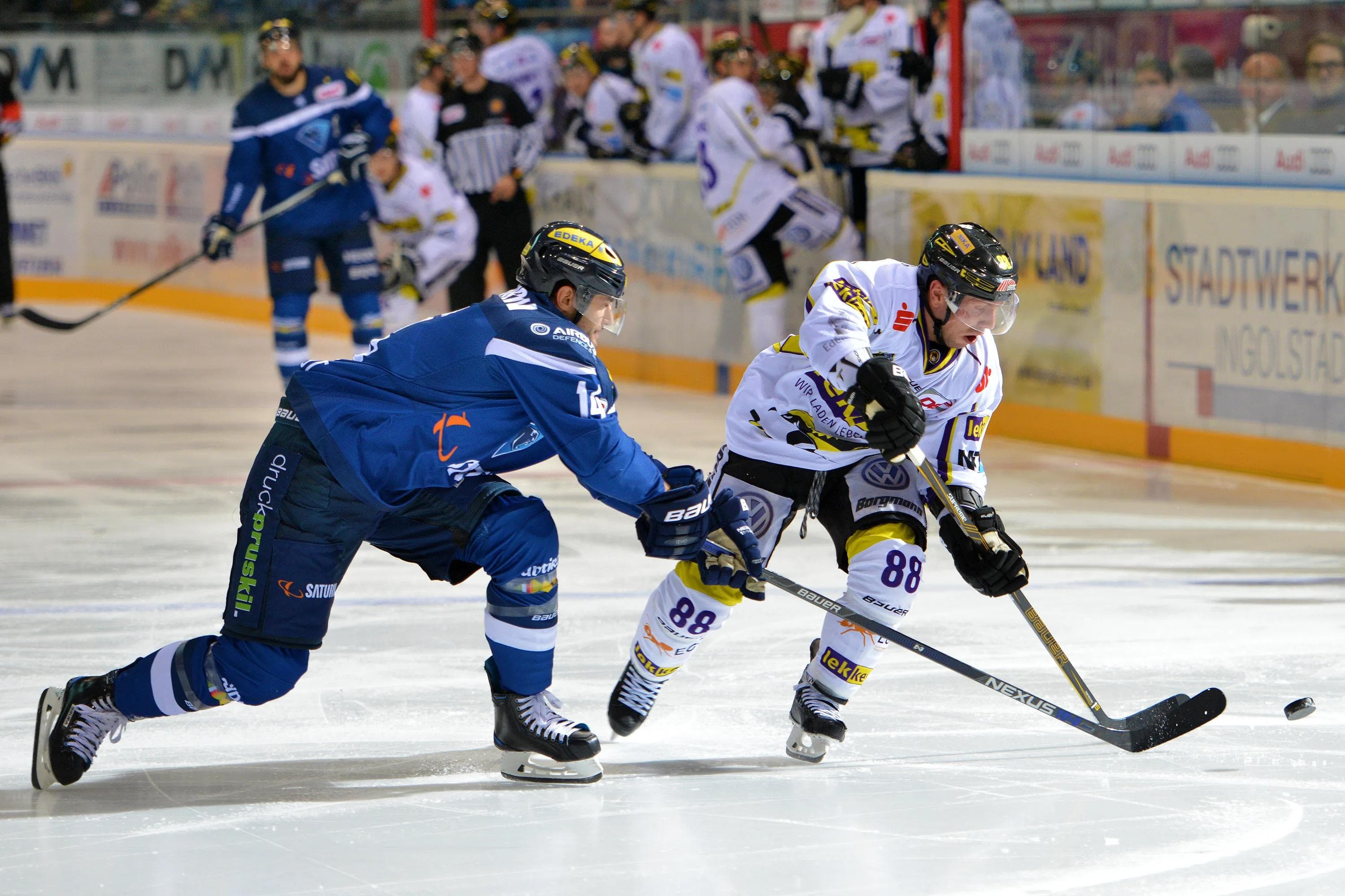 ERC-Verteidiger Dustin Friesen (links) trifft am Freitag auf seinen Ex-Club, die Fischtown Pinguins. Foto: ST-Foto.de / Johannes TRAUB
