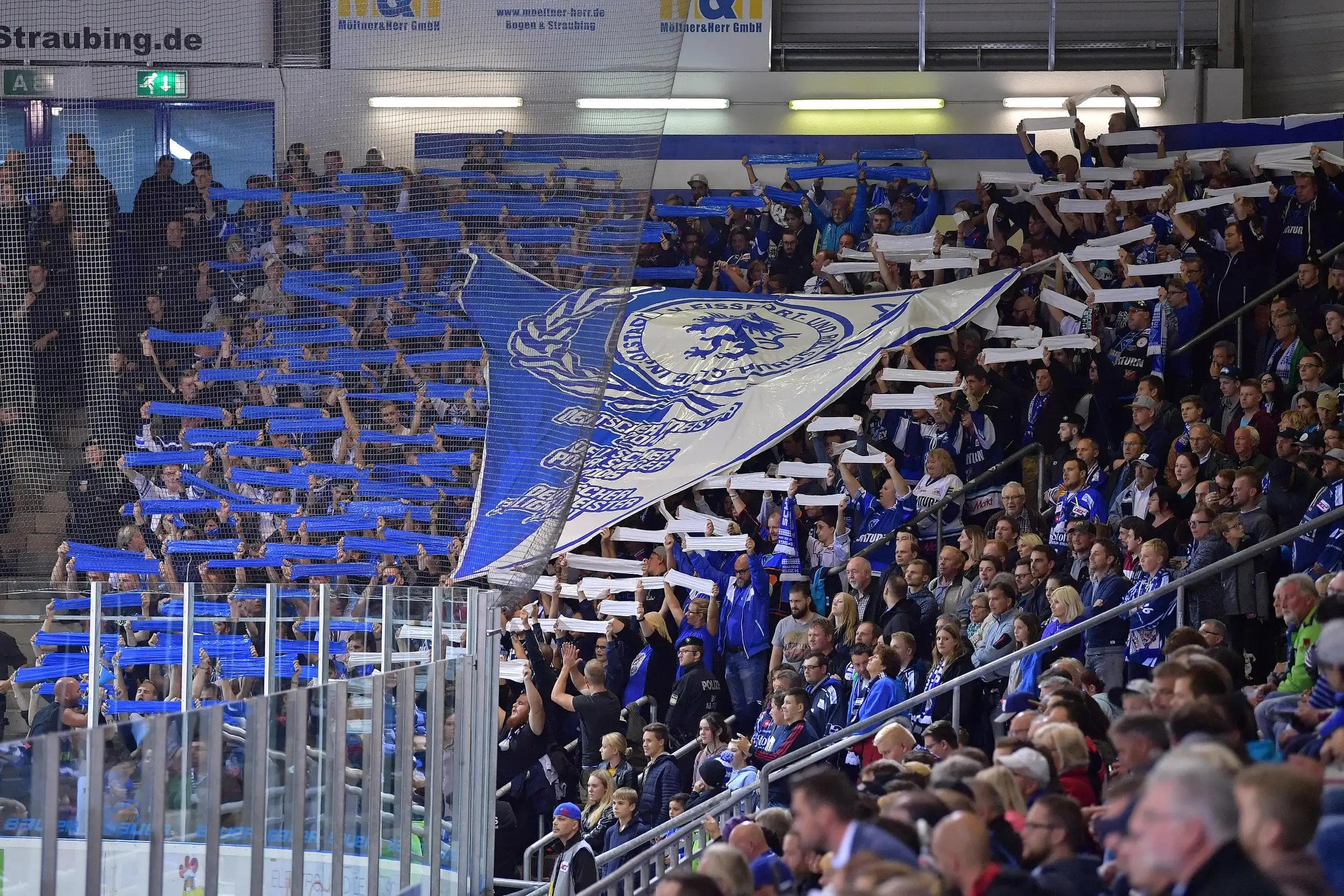 Mit einer Choreografie der ERC-Fans startete die DEL-Saison in Straubing. Foto: Traub / st-foto.de
