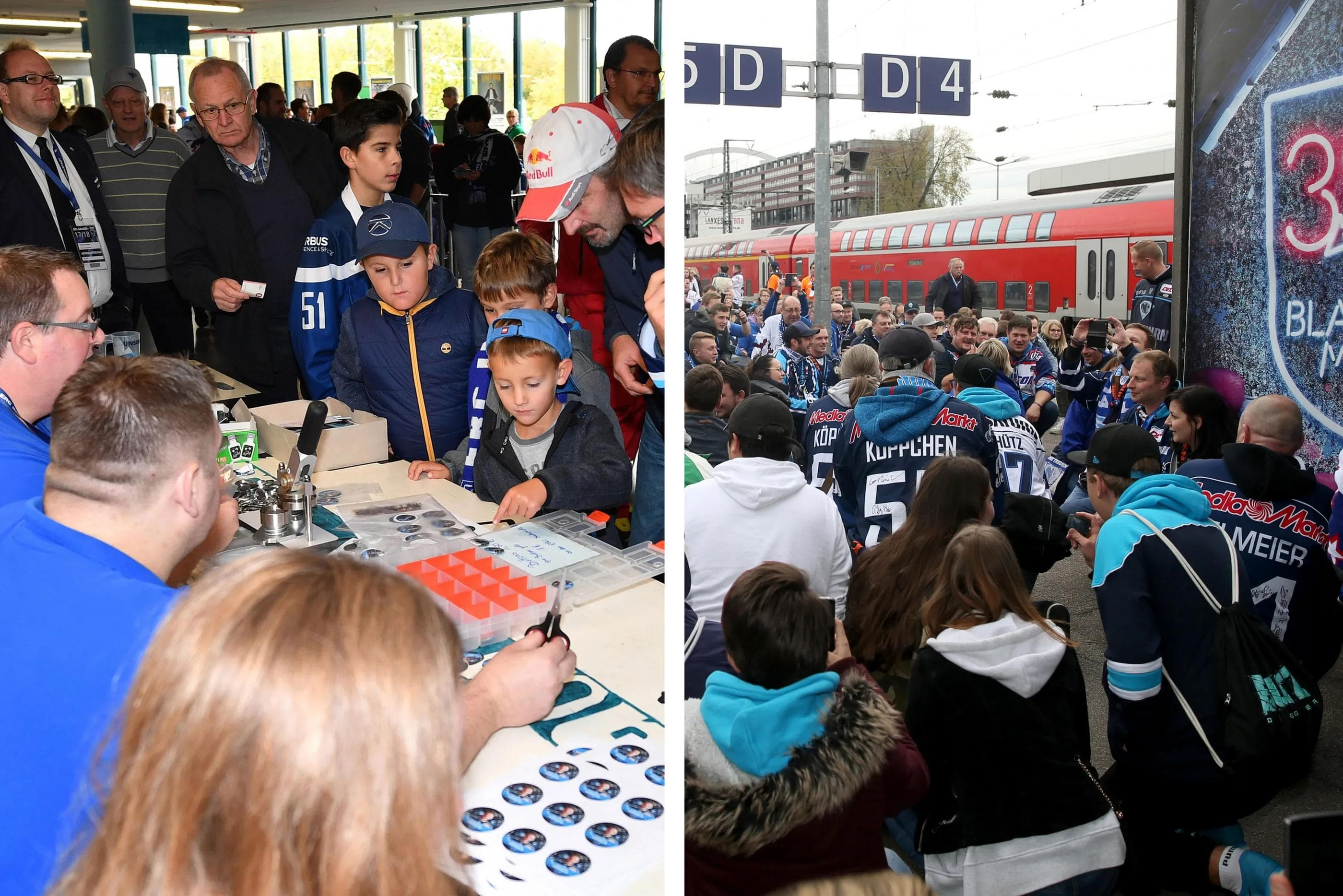 Das Fanprojekt ist aktiv: Beim Familientag bietet es u.a. Button-Basteln an. Für den Sonderzug gibt es noch Tickets. Fotos: Traub, Banai