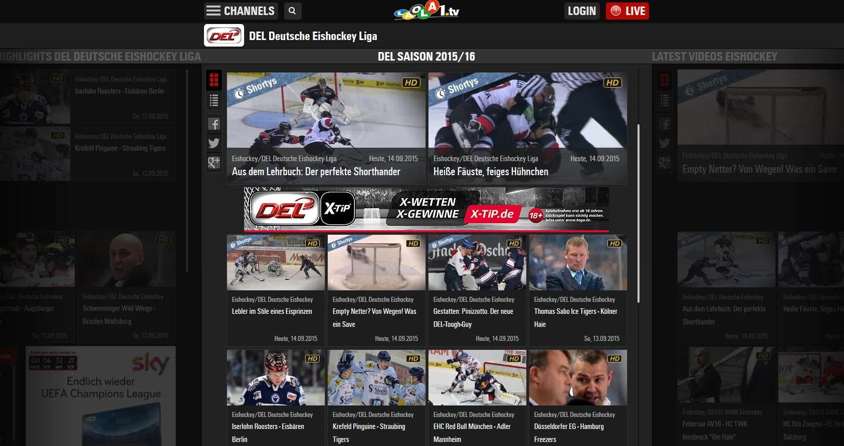 Der DEL-Kanal von laola1.tv hat ein umfangreiches Angebot zum individuellen Abruf. Foto: Screenshot